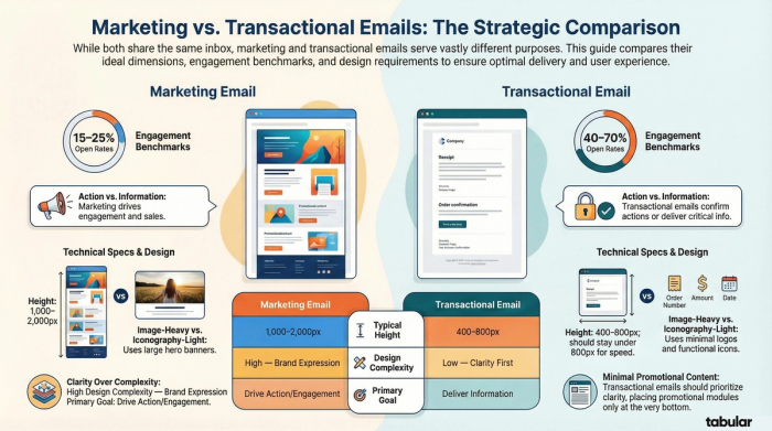 Strategic comparison infographic of marketing vs. transactional emails. It lists marketing benchmarks (15-25% open rates, 1,000-2,000px height) versus transactional benchmarks (40-70% open rates, 400-800px height), highlighting differences in design complexity and primary goals.